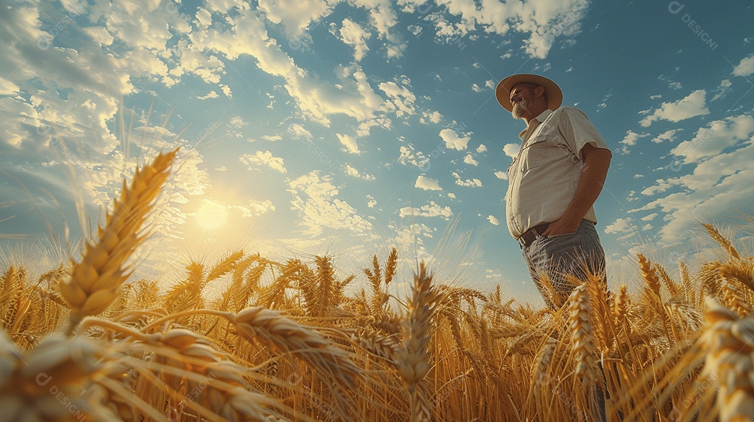 Um homem fazendeiro está em um campo de trigo dourado