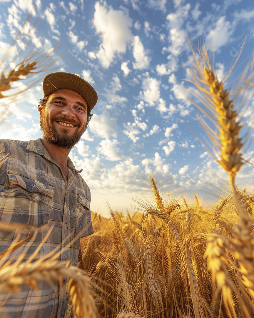 Um homem fazendeiro está em um campo de trigo dourado