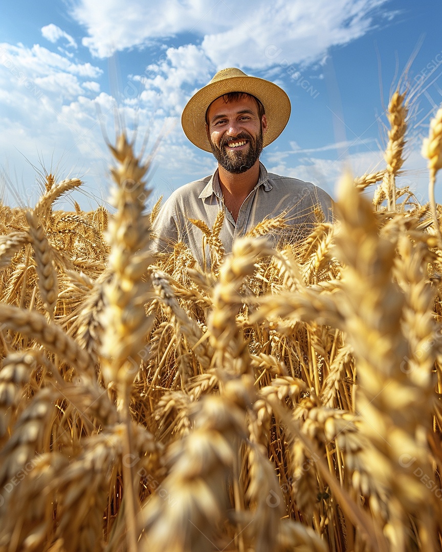 Um homem fazendeiro está em um campo de trigo dourado