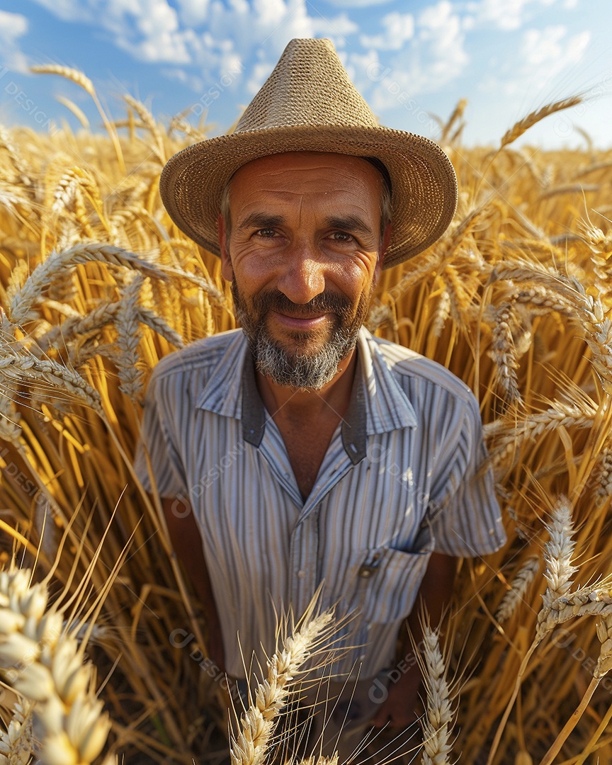 Um homem fazendeiro está em um campo de trigo dourado
