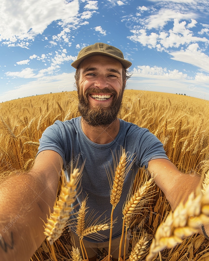 Um homem fazendeiro está em um campo de trigo dourado