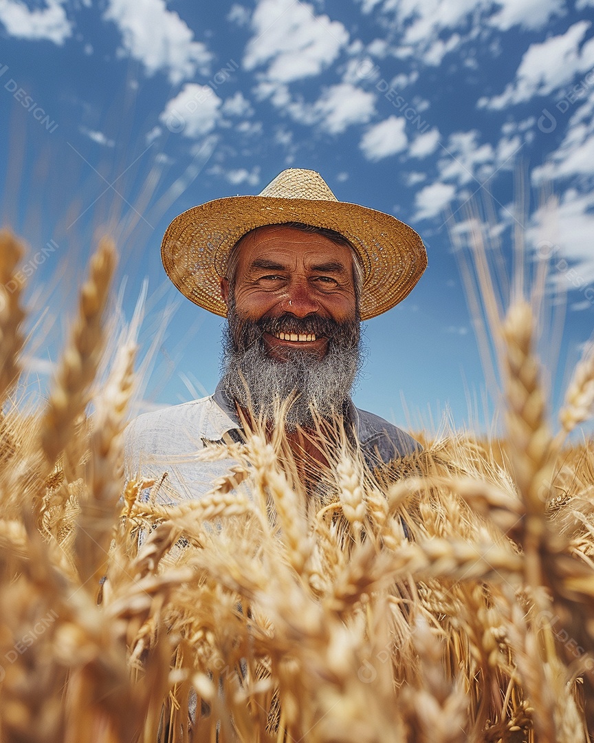 Um homem fazendeiro está em um campo de trigo dourado