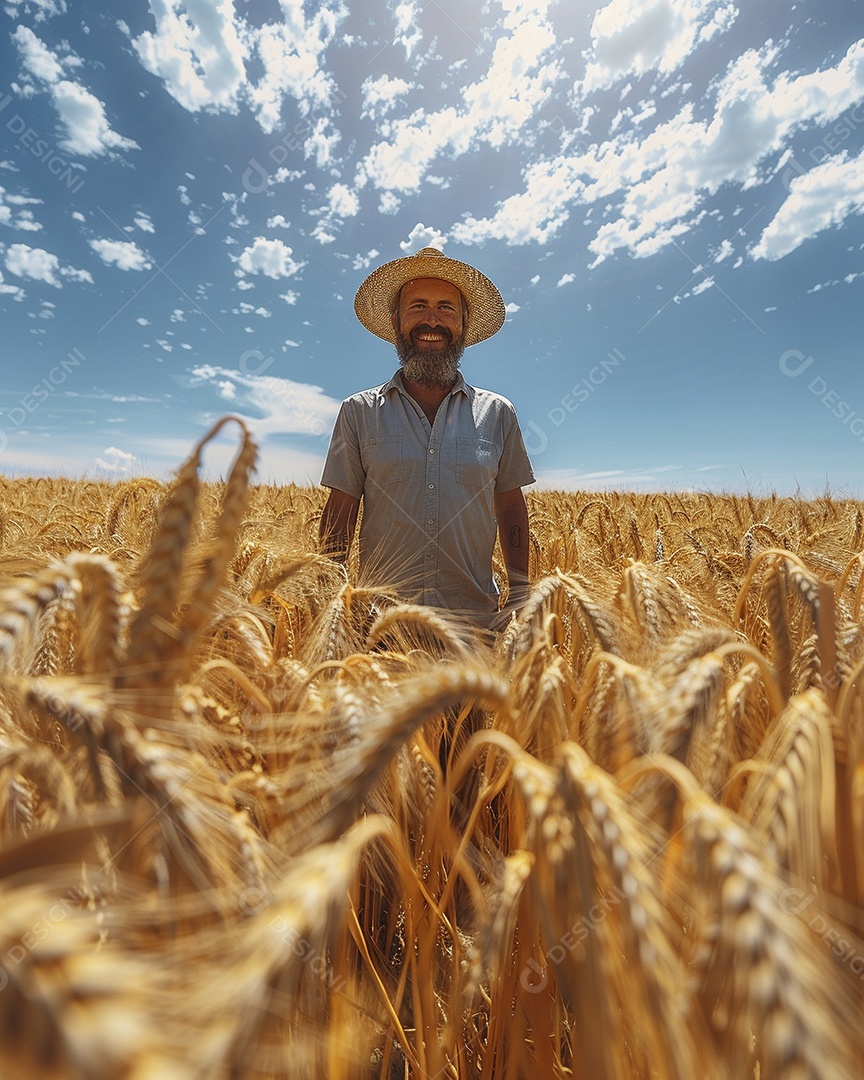 Um homem fazendeiro está em um campo de trigo dourado
