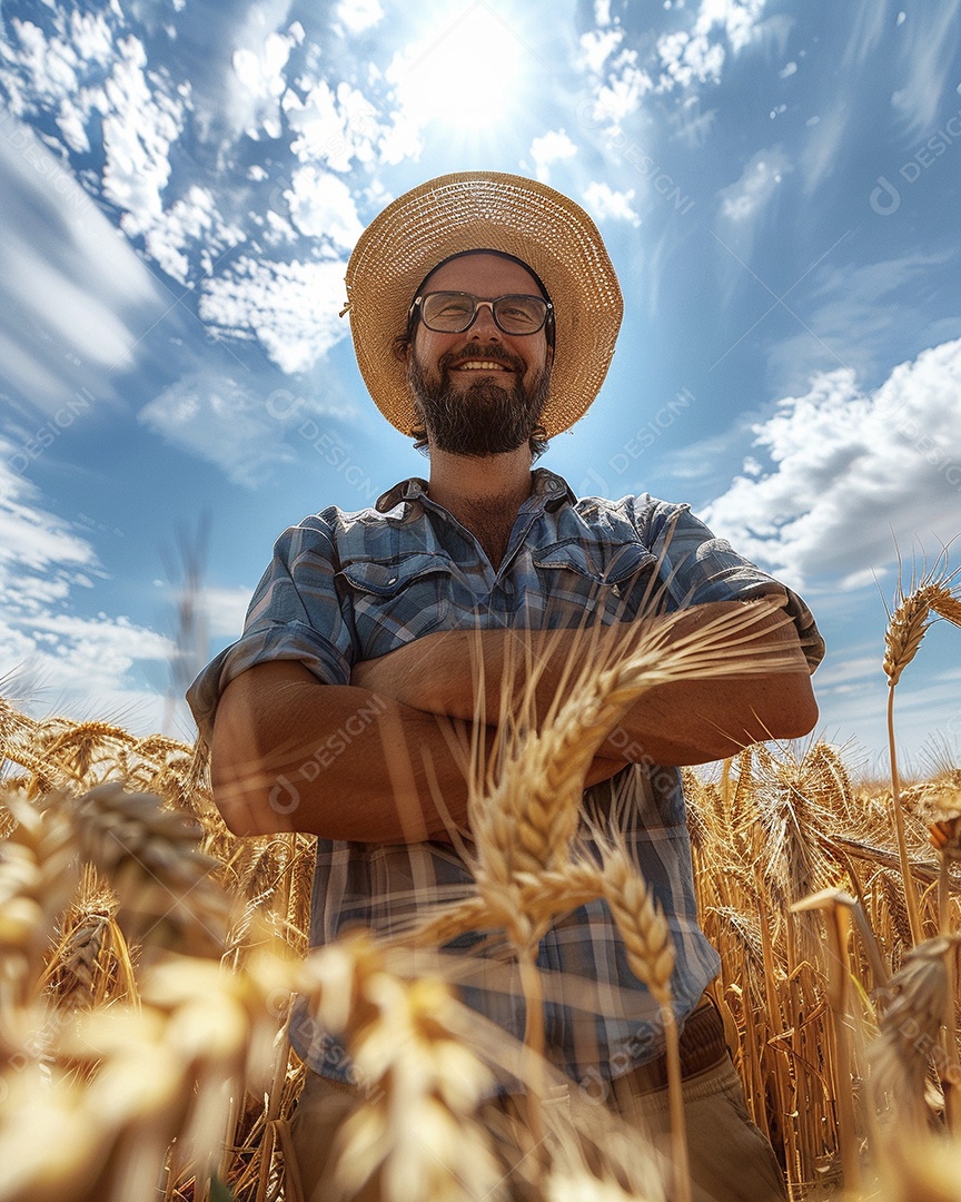 Um homem fazendeiro está em um campo de trigo dourado