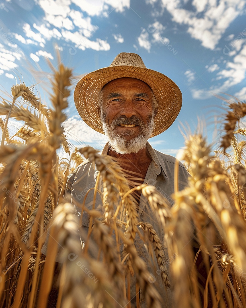 Um homem fazendeiro está em um campo de trigo dourado