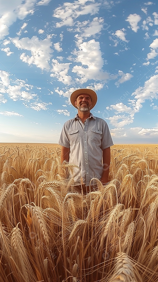 Um homem fazendeiro está em um campo de trigo dourado