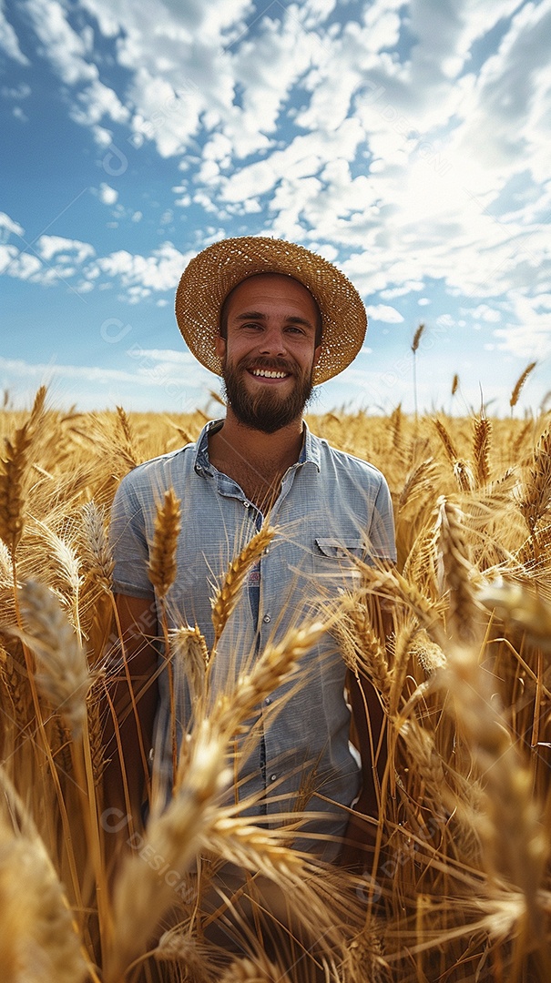 Um homem fazendeiro está em um campo de trigo dourado
