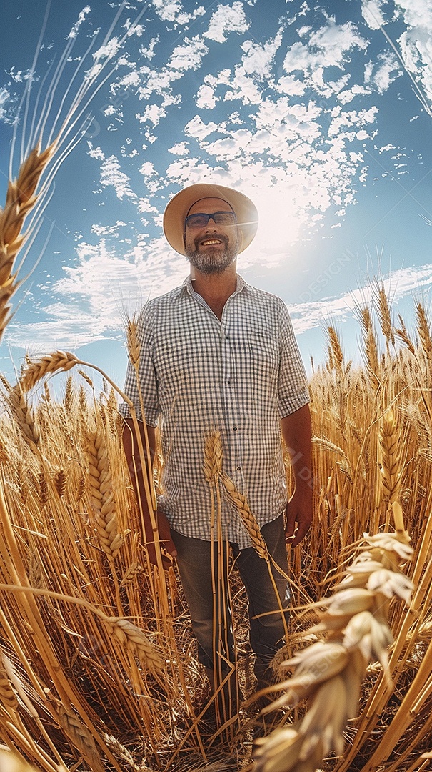 Um homem fazendeiro está em um campo de trigo dourado