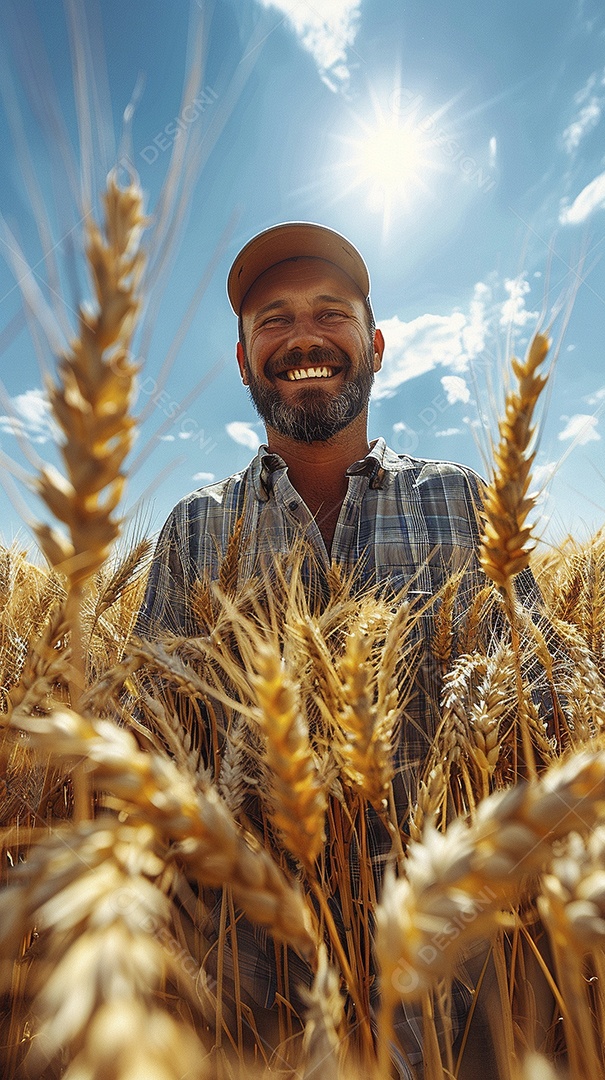 Um homem fazendeiro está em um campo de trigo dourado