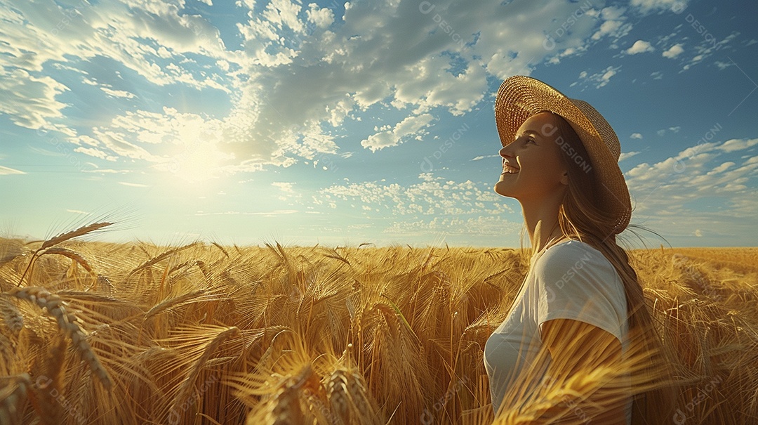 Uma mulher fazendeira está em um campo de trigo dourado