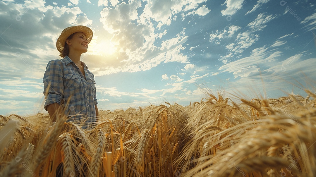 Uma mulher fazendeira está em um campo de trigo dourado