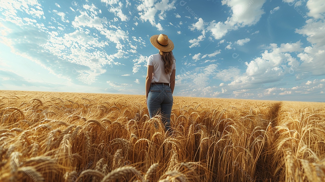 Uma mulher fazendeira está em um campo de trigo dourado
