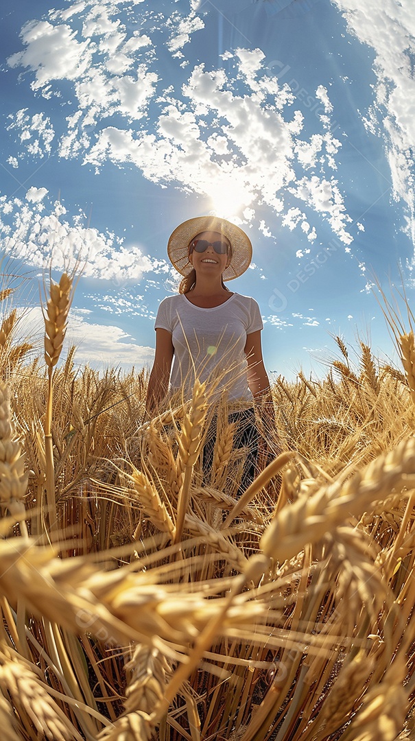 Uma mulher fazendeira está em um campo de trigo dourado