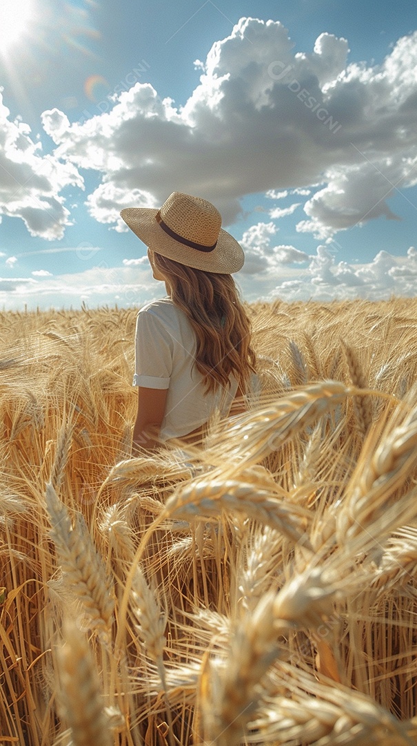 Uma mulher fazendeira está em um campo de trigo dourado