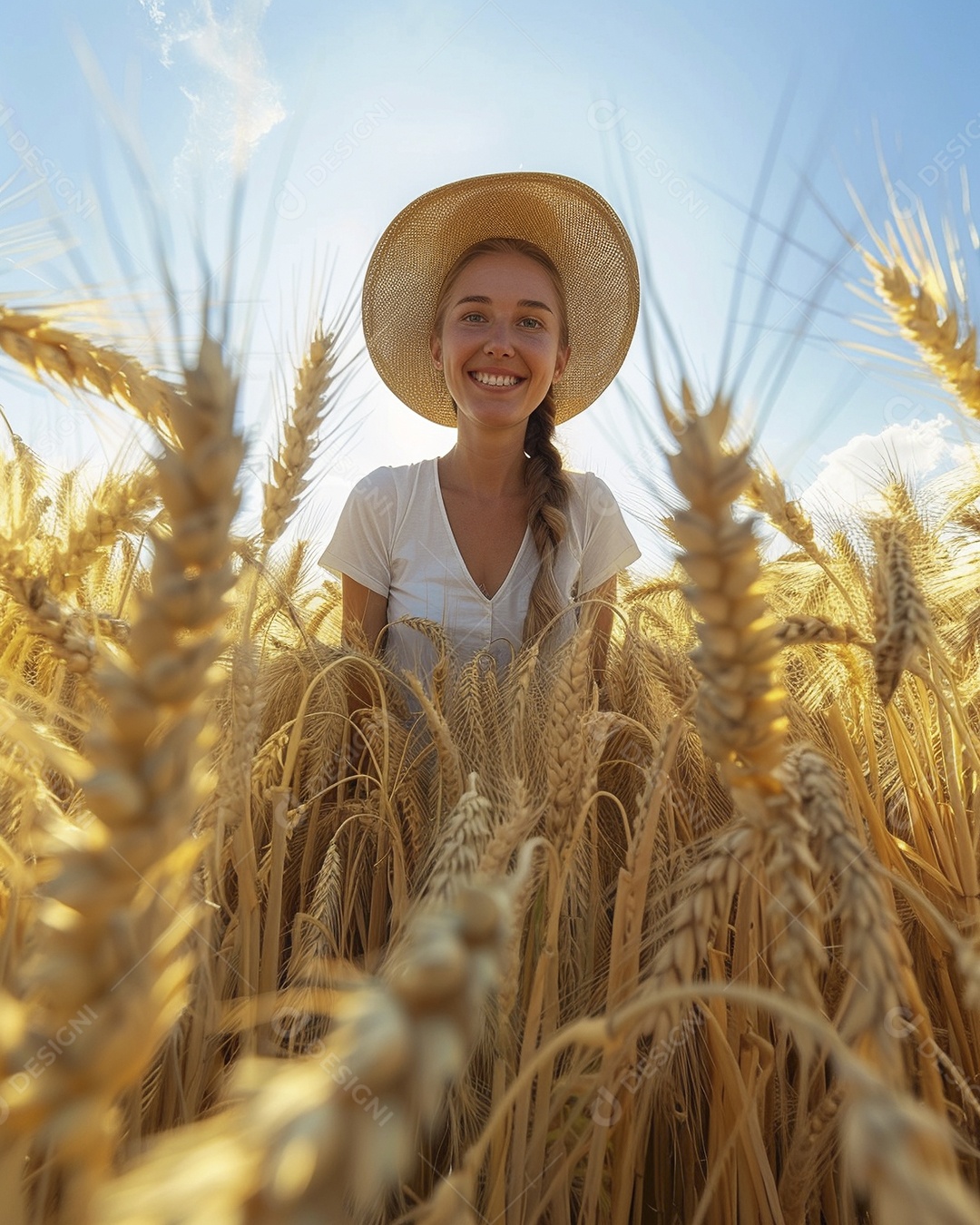 Uma mulher fazendeira está em um campo de trigo dourado