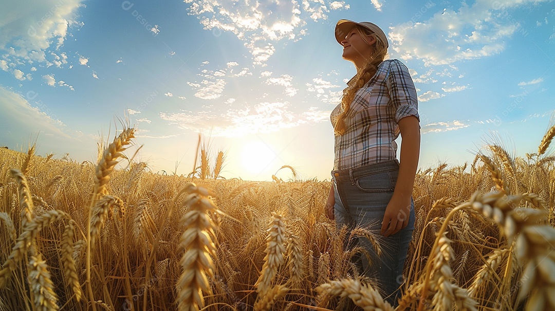 Uma mulher fazendeira está em um campo de trigo dourado