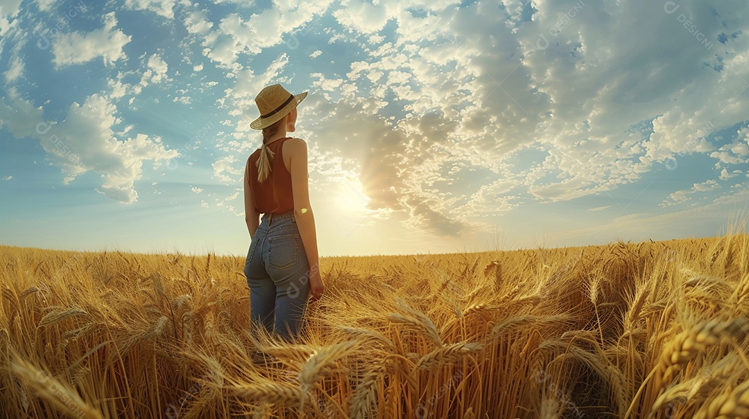 Uma mulher fazendeira está em um campo de trigo dourado