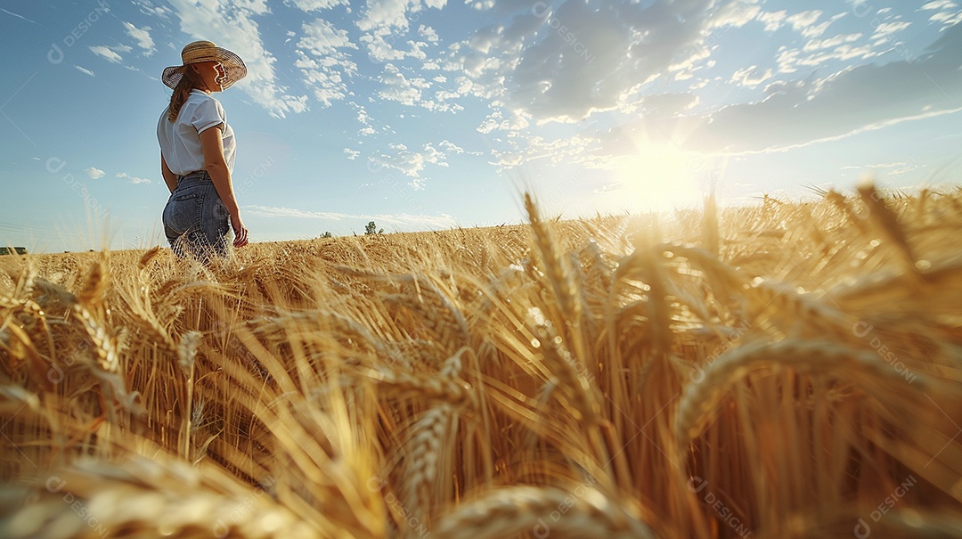 Uma mulher fazendeira está em um campo de trigo dourado