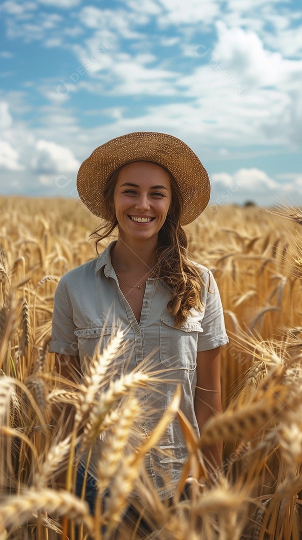 Uma mulher fazendeira está em um campo de trigo dourado