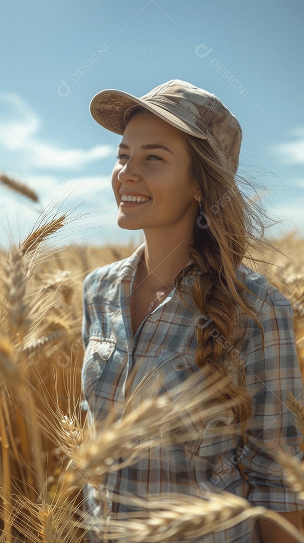 Uma mulher fazendeira está em um campo de trigo dourado
