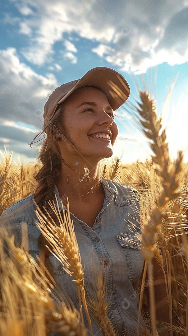 Uma mulher fazendeira está em um campo de trigo dourado