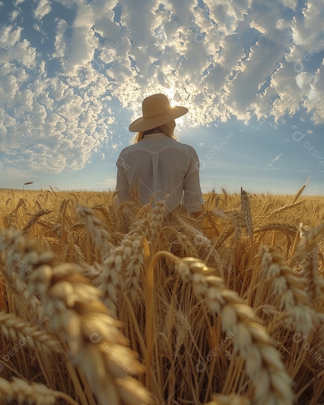 Uma mulher fazendeira está em um campo de trigo dourado