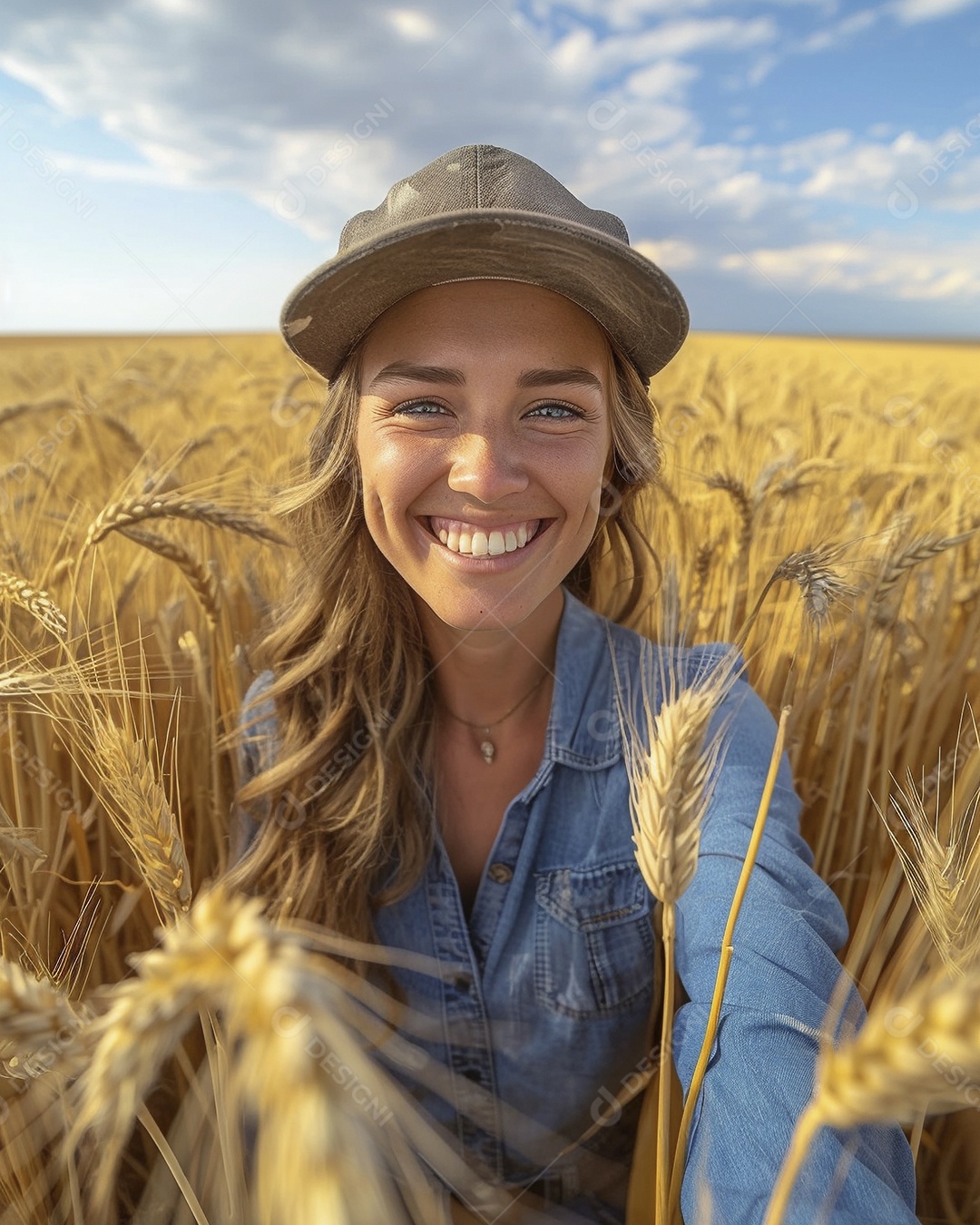 Uma mulher fazendeira está em um campo de trigo dourado