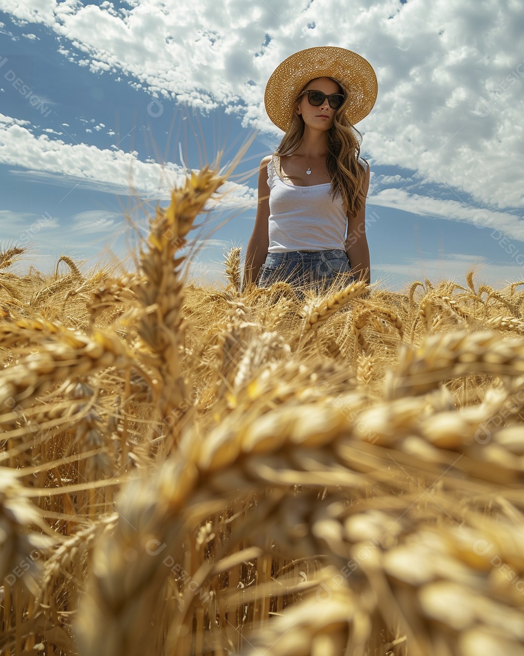 Uma mulher fazendeira está em um campo de trigo dourado