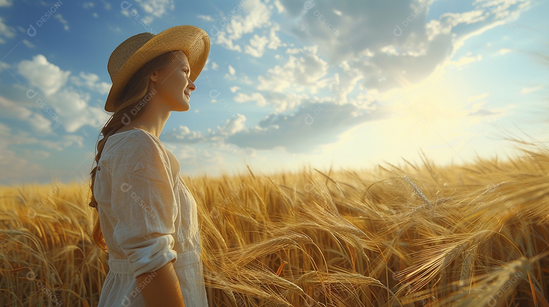 Uma mulher fazendeira está em um campo de trigo dourado