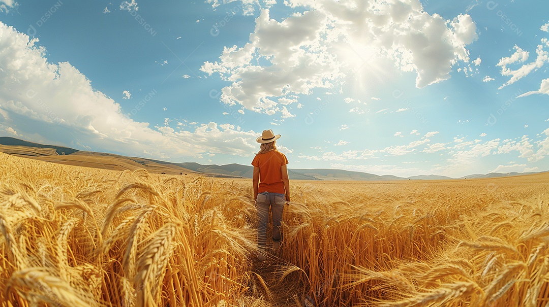 Uma mulher fazendeira está em um campo de trigo dourado