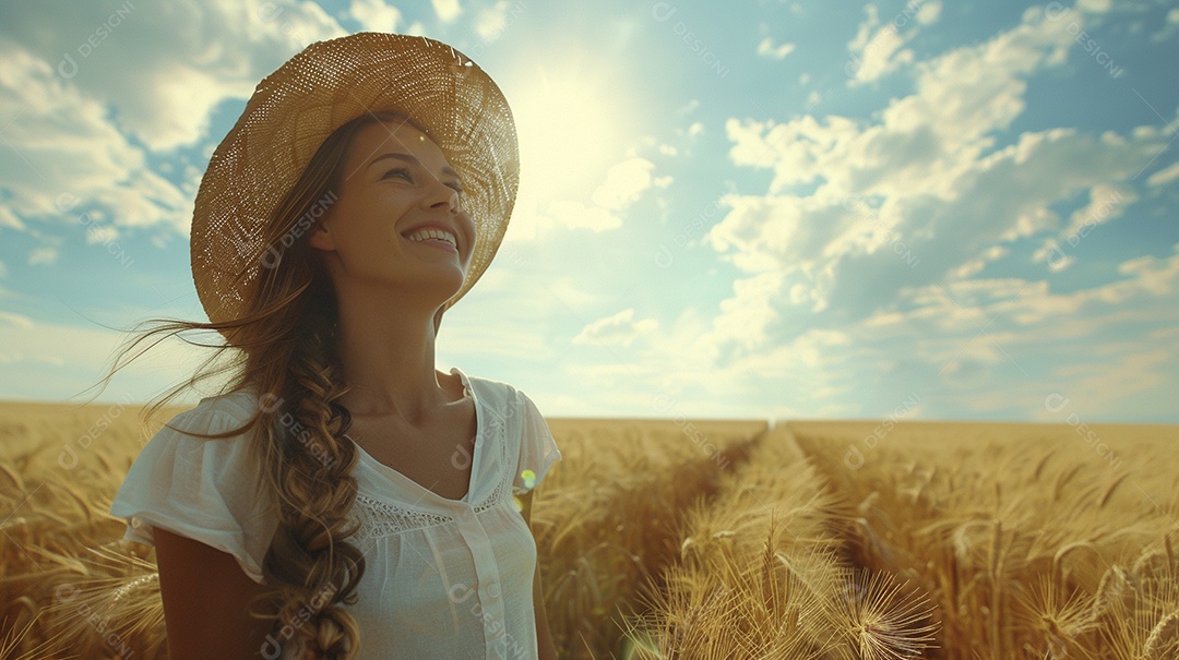 Uma mulher fazendeira está em um campo de trigo dourado
