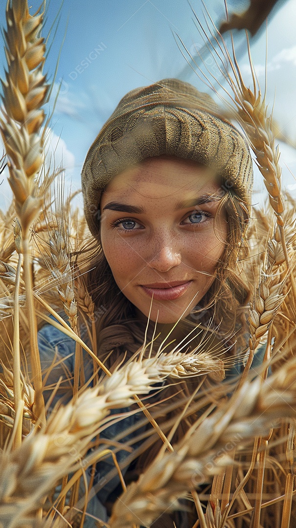 Uma mulher fazendeira está em um campo de trigo dourado