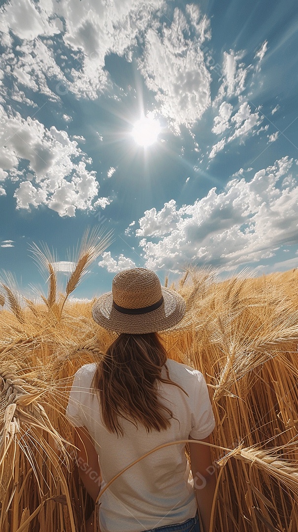Uma mulher fazendeira está em um campo de trigo dourado