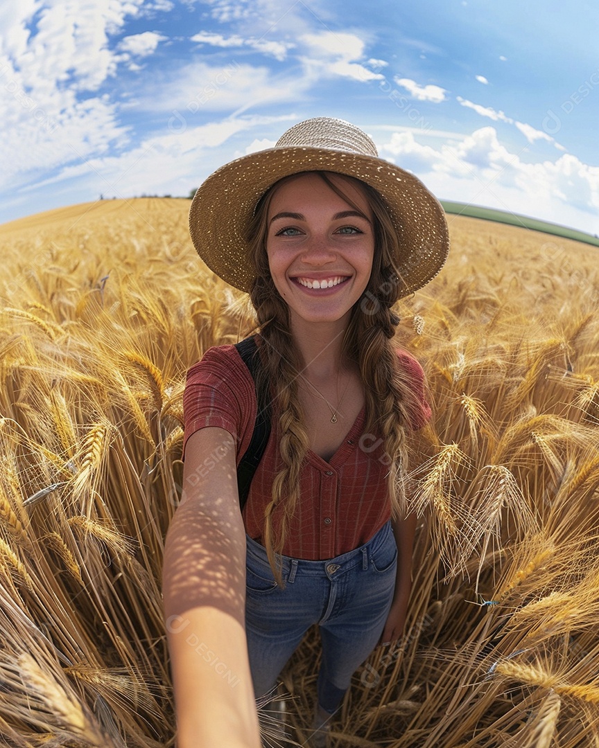 Uma mulher fazendeira está em um campo de trigo dourado