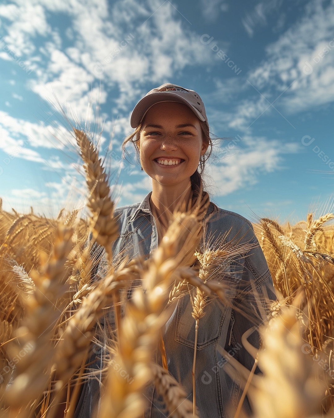 Uma mulher fazendeira está em um campo de trigo dourado