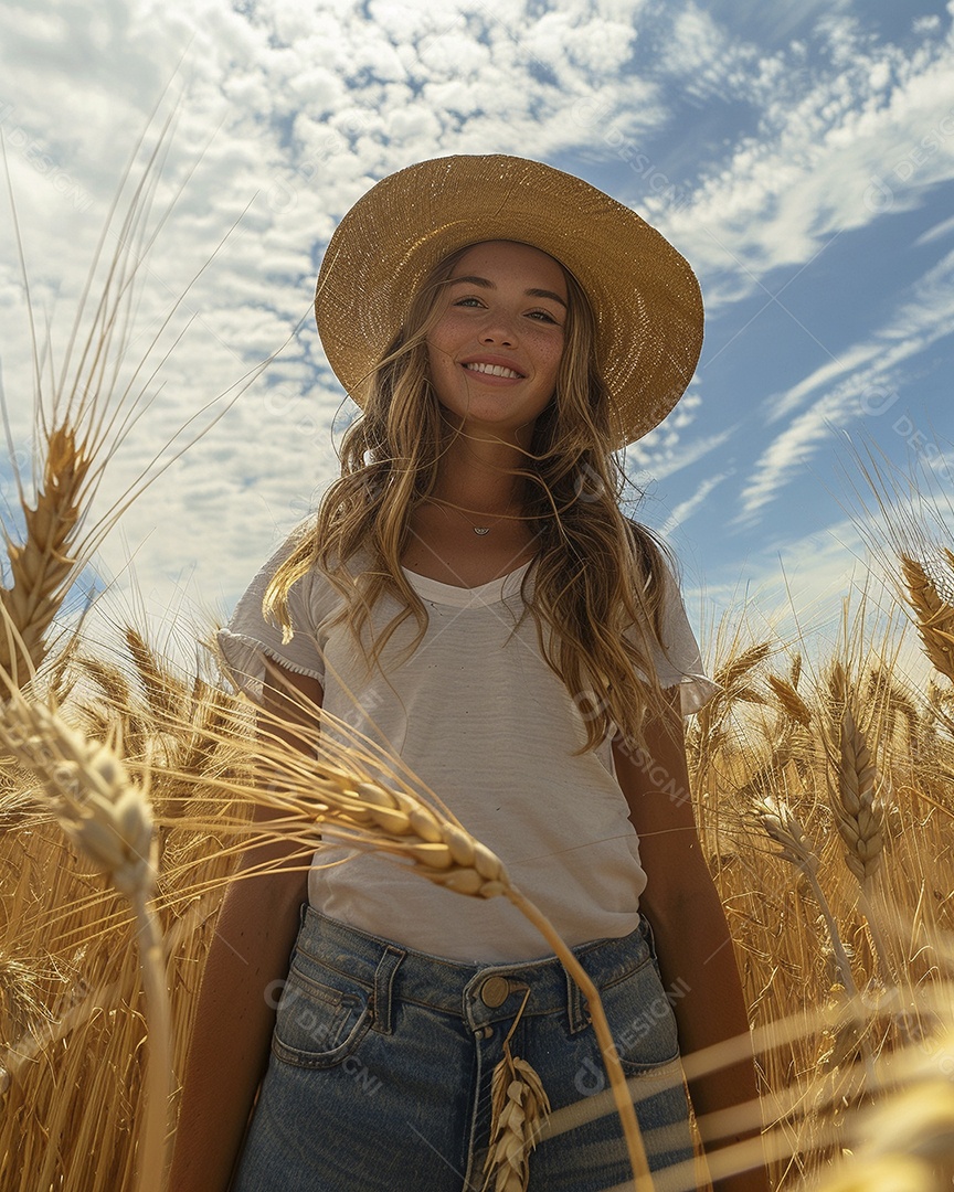 Uma mulher fazendeira está em um campo de trigo dourado