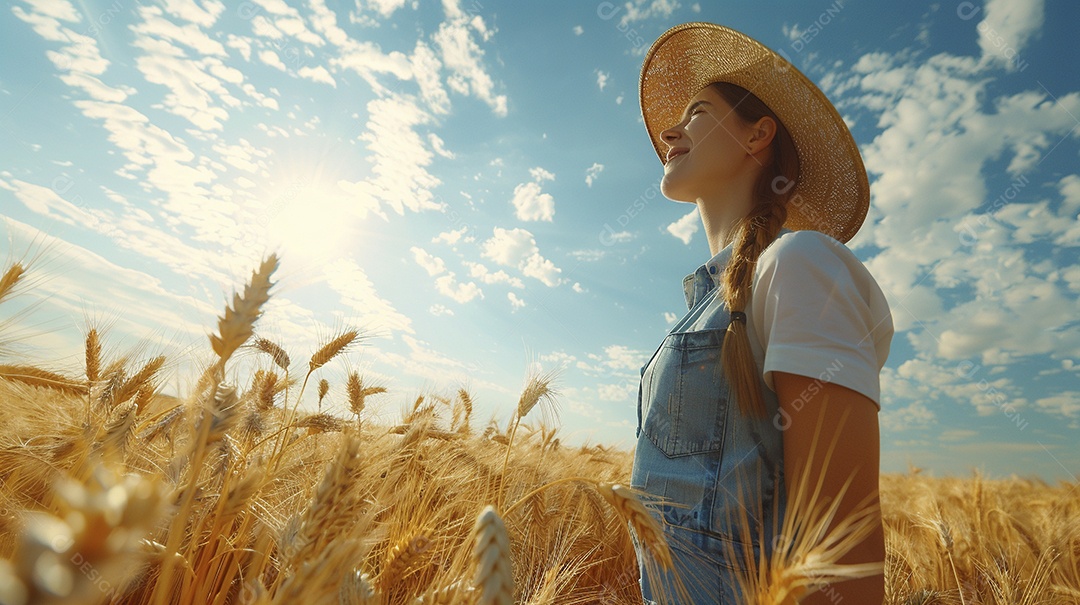 Uma mulher fazendeira está em um campo de trigo dourado