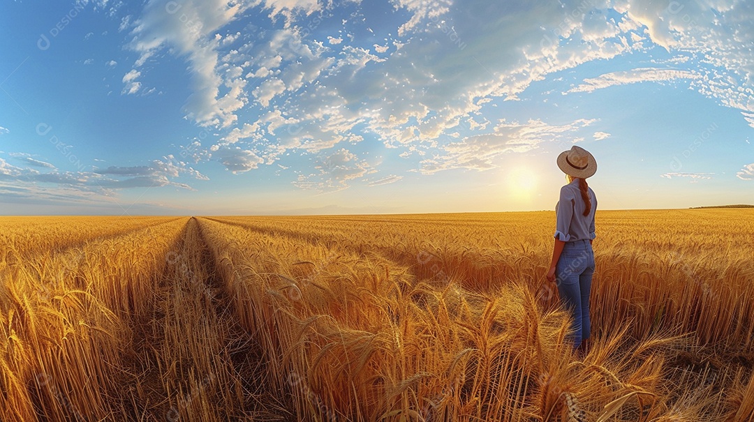 Uma mulher fazendeira está em um campo de trigo dourado