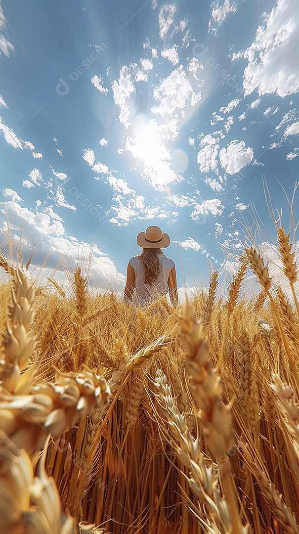 Uma mulher fazendeira está em um campo de trigo dourado
