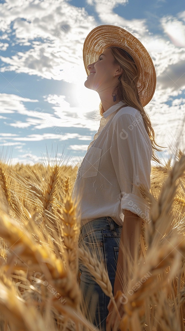 Uma mulher fazendeira está em um campo de trigo dourado