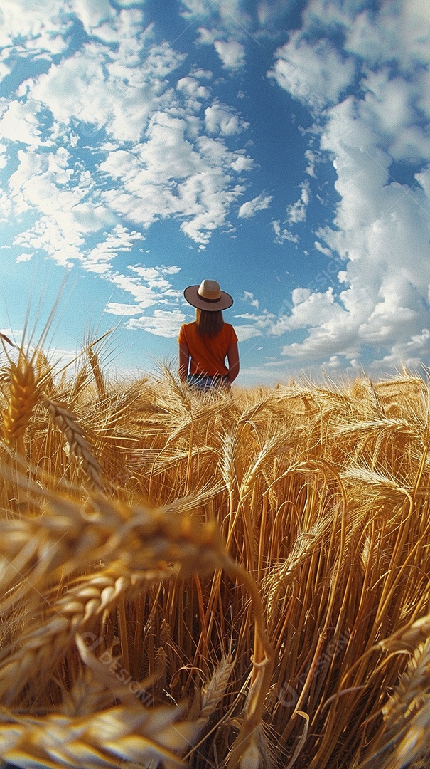 Uma mulher fazendeira está em um campo de trigo dourado