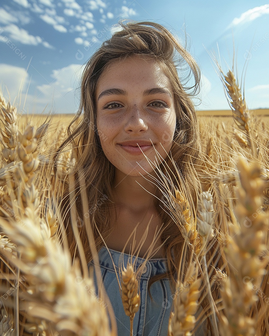 Uma mulher fazendeira está em um campo de trigo dourado