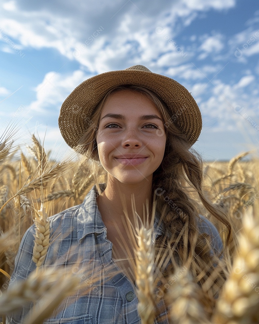 Uma mulher fazendeira está em um campo de trigo dourado
