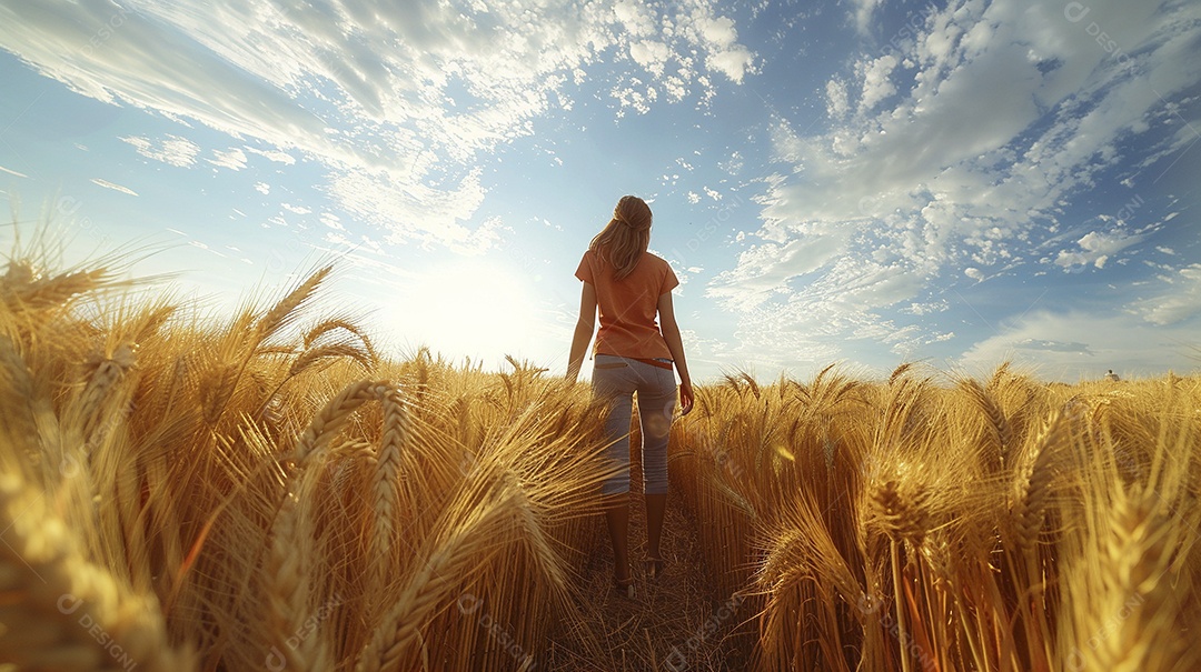 Uma mulher fazendeira está em um campo de trigo dourado