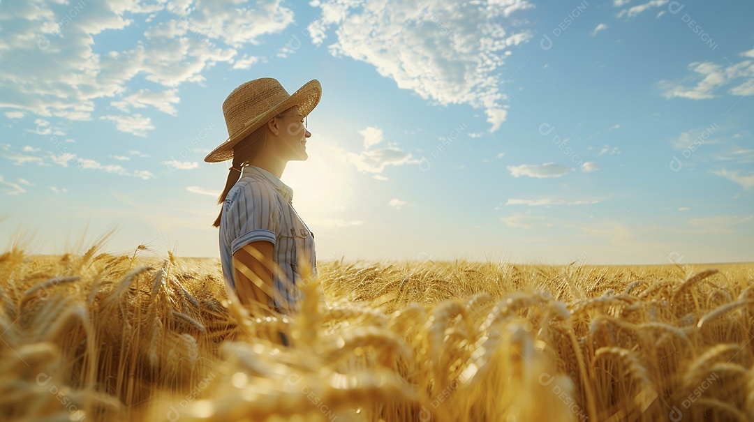 Uma mulher fazendeira está em um campo de trigo dourado