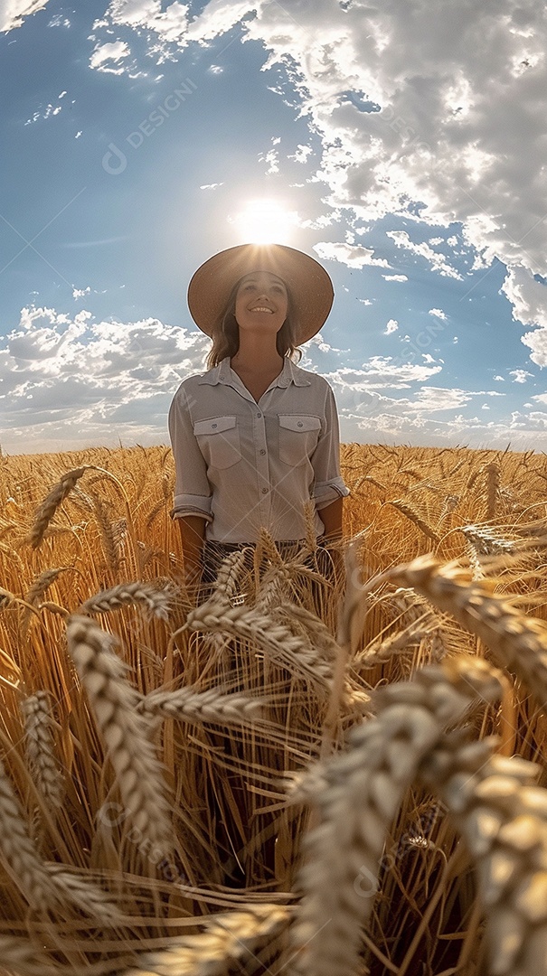 Uma mulher fazendeira está em um campo de trigo dourado