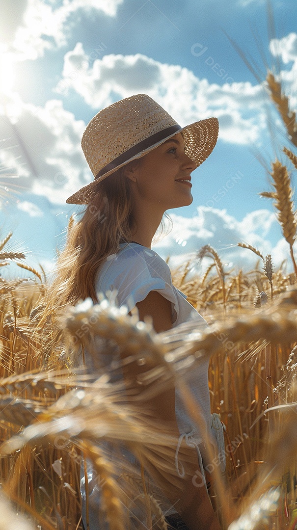 Uma mulher fazendeira está em um campo de trigo dourado