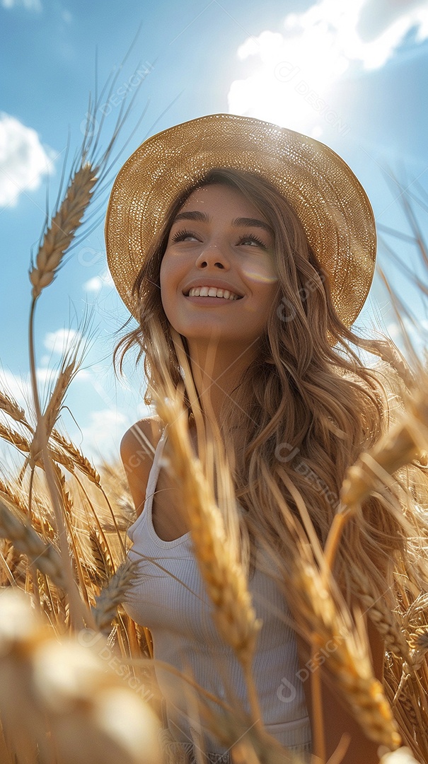 Uma mulher fazendeira está em um campo de trigo dourado