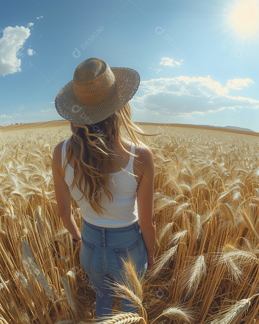 Uma mulher fazendeira está em um campo de trigo dourado