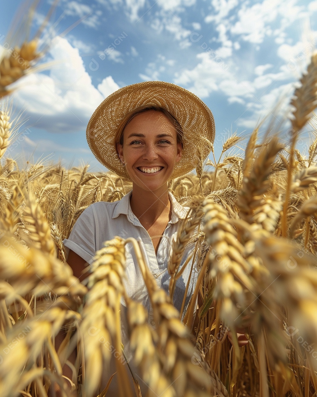 Uma mulher fazendeira está em um campo de trigo dourado